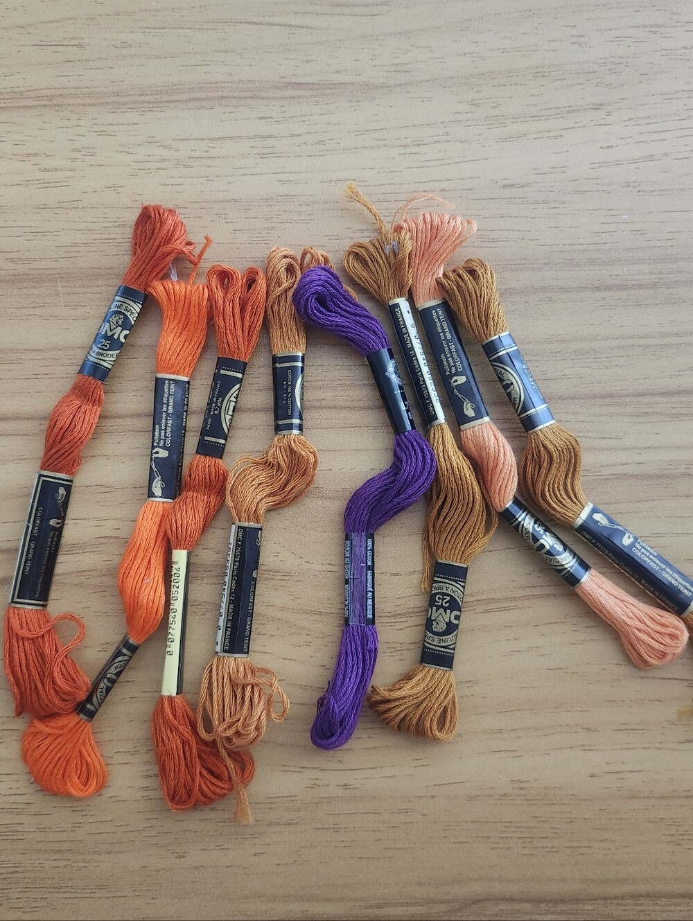 Embroidery Floss Skeins in Orange, Purple, Tan